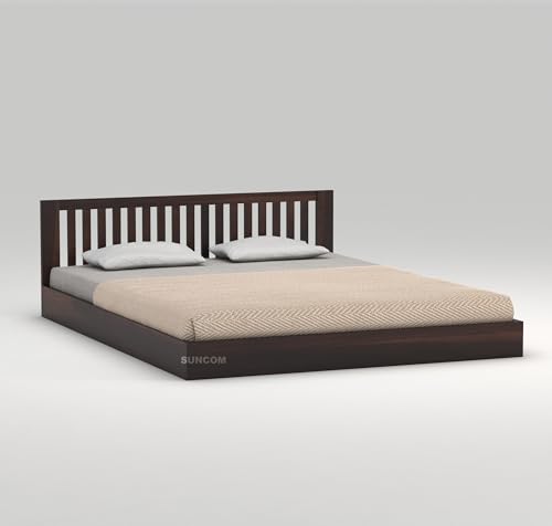 Image of SUNCOM Wooden Low Height Queen Size Bed Without Storage - Wooden Platform Double Bed - Space Saving Low Floor /Lying /Rise /Level /Profile Cot Bed for Bedroom - Basic Headboard (Walnut Finish)