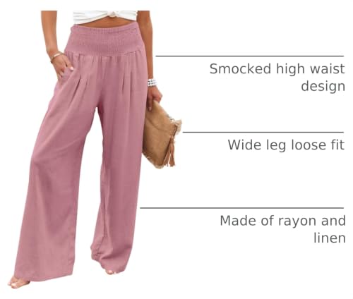 Image of ANRABESS Women Linen Palazzo Wide Leg Pants with Pockets | Smocked High Waist，Comfort Casual Flowy Pants，Lounge Everyday Wear，Summer Boho Cute，2026 Beach Travel Vacation Outfits