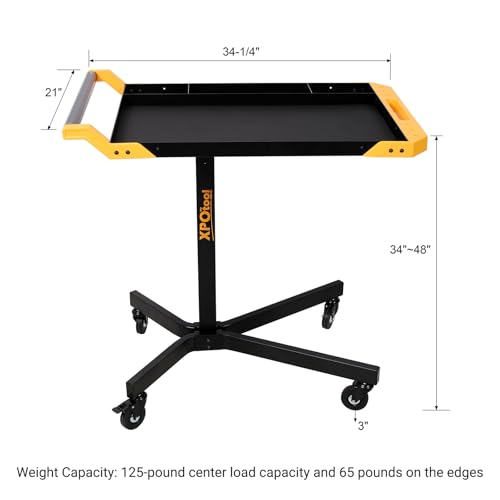 Image of Adjustable Height Mobile Work Table, Rolling Tool Cart - Heavy-Duty Steel Service Stand for Mechanics, Garage, Workshop & DIY Projects - 34 inch to 48 inch Portable Workstation
