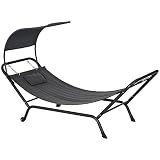Outsunny Sonnenliege mit Dach, Gartenliege mit Rollen, Balkonliege mit Kopfkissen, Hängemattenbett für Schwimmbad, bis 120 kg, Stahl, Dunkelgrau, 240 x 92 x 148cm