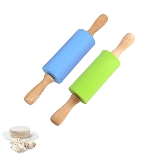 2 Stück Nudelholz Silikon - Teigroller Silikon, Nudelholz als Backzubehör zum Backen, Antihaft Nudelholz Teigroller, Holz-Küchenhelfer zum Ausrollen für Kinder 23cm, Blau, Grün