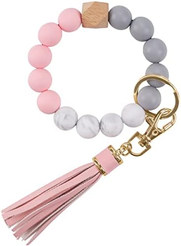 GIEMSON Silicone Key Ring Bracelets Wristlet Keychain Car Beaded Key Ring Bangle Chains for Women（Pink）