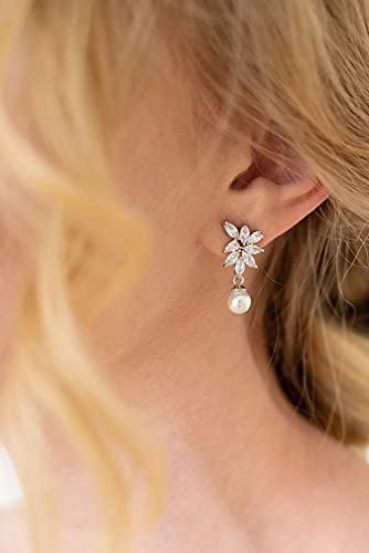 Sweetv Cubic Zirconia Pearl Wedding Bridal Earrings For Brides Bridesmaids, Silver Pearl Drop Earrings For Women Prom Jewelry Gifts #TOP1