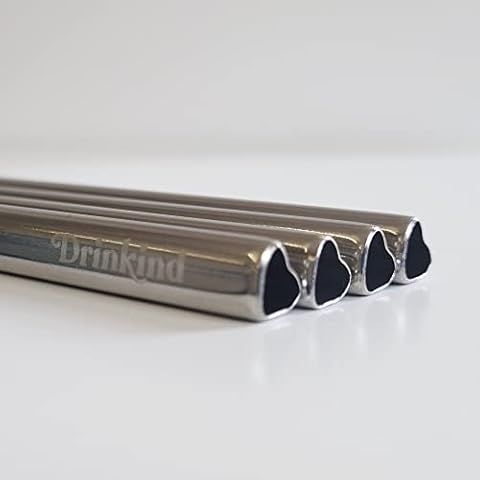 Drinkind Silver Heart Shaped Metal Straws | Set of 4 Stainless Steel Straws - 12.5cm | Eco-Friendly Reusable Drinking Straws | Long Silver Coloured Straw with Cleaning Brush and Storage Bag Cover