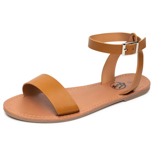 Image of Trary Women's Dressy Summer Leather Flat Ankle Strap Gladiator Open Toe One Band Two Tone Adjustable Metal Buckle Comfortable Wedding Sandals