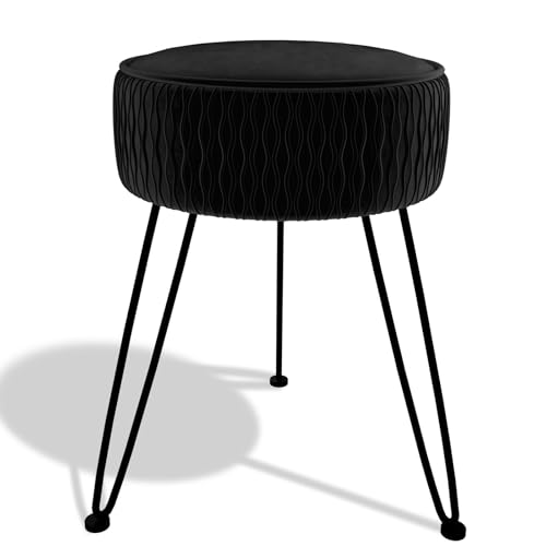 MOOWIND Velvet Vanity Stool Footrests Round Ottoman Vanity Chairs with Anti-Slip Feet Dressing Table Seat Foot Stool with Black Legs Furry Padded Seat Side Table for Makeup Bedroom Black