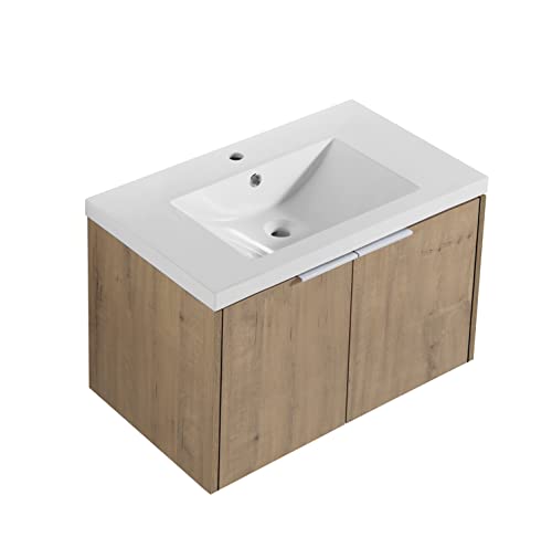 Voohek Bathroom Vanity With Basin Sink And Storage, Wall Mounted Floating Cabinet, For Small, Space Saving, 30 Inch, Imitative Oak #TOP4