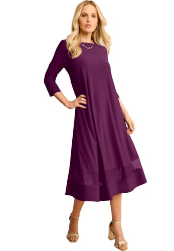 Roaman's 3/4 Sleeve Mesh Inset Boatneck Dress Dark Berry