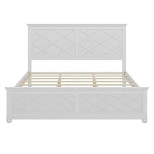 Meraxcoastalfarmhousesolidwoodkingsizebedframevintageplatformbedframewithslattedheadboardandroundlegantiquewhite Urban Country Home Decor Merax coastal farmhouse solid wood king size bed frame vintage platform bedframe with slatted headboard and round leg antique white urban country home decor
