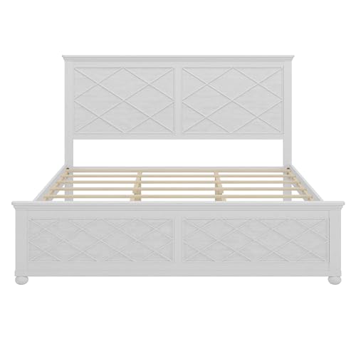 Meraxcoastalfarmhousesolidwoodkingsizebedframevintageplatformbedframewithslattedheadboardandroundlegantiquewhite Urban Country Home Decor Merax coastal farmhouse solid wood king size bed frame vintage platform bedframe with slatted headboard and round leg antique white urban country home decor