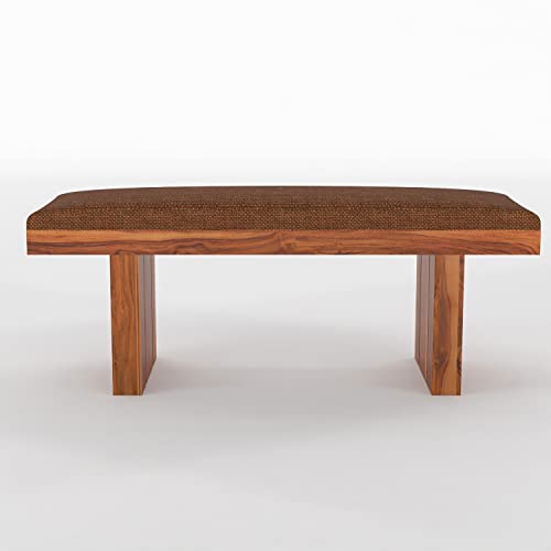 Image of Sheesham Wood 2 Seater Dining Bench with Upholstery | Solid Wood Bench for Living Room & Balcony | Honey Finish | Drawing Room | Without Pillow