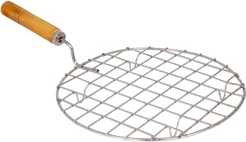Mrigakshi Stainless Steel Round Wire Roaster Rack/Papad Jali/Roti Grill Round Shape with Wooden Handle
