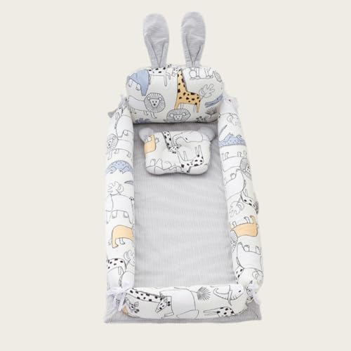 Qobvoeh ベビーベッド 新生児 添い寝 枕付き ベッドインベッド 簡易ベッド 持ち運び 携帯型ベビーベッド ウサギの耳の形 かわいい ベビー布団 通気性 取り外し 洗える可能、88*50*12cm 0-8ヶ月 出産祝い (D,90*50*15cm)