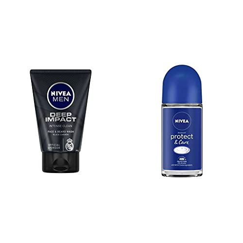 Image of Nivea Men Face Wash, Deep Impact Intense Clean, 100g & Deodorant Roll On, Protect & Care, 50ml