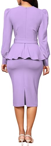 Image of Dresses for Women Elegant Long Sleeves Ruffles Pencil Knee Length Split Business Dress with Belt Zipper