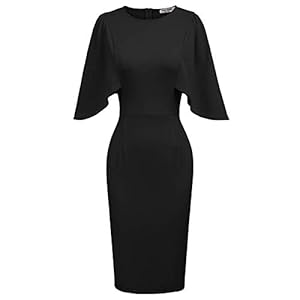 GRACE-KARIN-Women-34-Ruffle-Sleeve-Slim-Fit-Business-Pencil-Dress GRACE KARIN Women's Round Neck Hips-Wrapped Bodycon Pencil Dress L Black