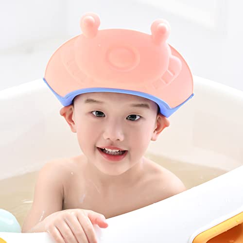 Baby Kids Children Shampoo Bath Bathing Shower Cap Hat Washing Hair Shield Hat Eyes & Ears Protection Silicone Shower Cap With A Bath Brush(Pink) #TOP4