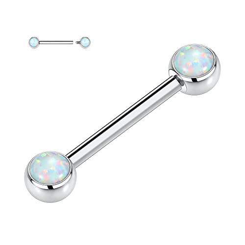 GAGABODY Nipple Barbells 14G Nipple Piercings White Opal Nipple Rings G23 Titanium Nipple Jewelry Prong Set Nipple Ring for Women 14mm Silver Barbell Nipple Rings