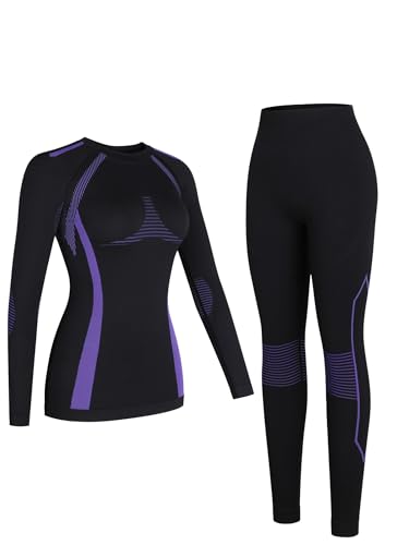 ATTRACO Womens Thermals Top and Bottom Set Stretchy Black Ski Clothes Purple Winter Thermal Suit XL