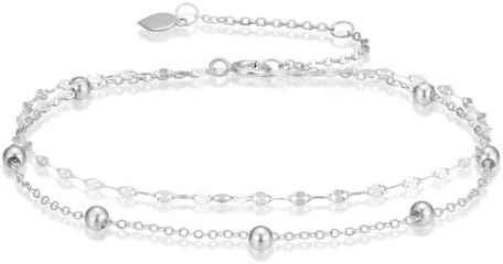 SISGEM Real 14k White Gold Bead Station Anklet for Women, Solid 1...