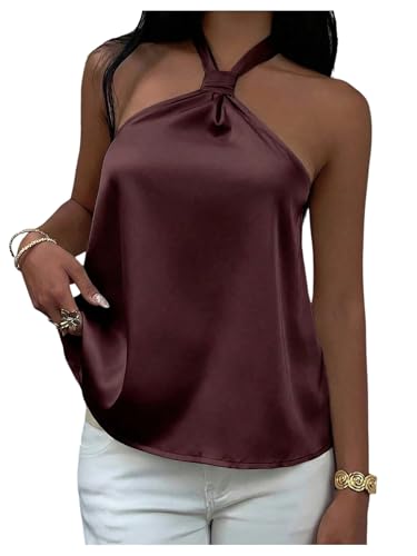 SOLY HUX Women's Summer Silk Satin Tie Backless Sleeveless Halter Tops