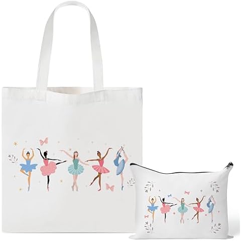 Y1tvei Ballerina Canvas Tote Bag - 2Pcs Ballerina Watercolor Print Makeup Bag Set, Cute Ballet Dancing Girl Canvas Tote Bag, Reusable Grocery Shopping Bag, Dance Recital Gifts for Ballerina Women Cover