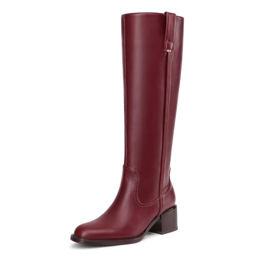 Knee High Boots for Women Chunky Heel Round Toe Leather Patent Boots Low Block Heel Tall Boots With Side Zipper