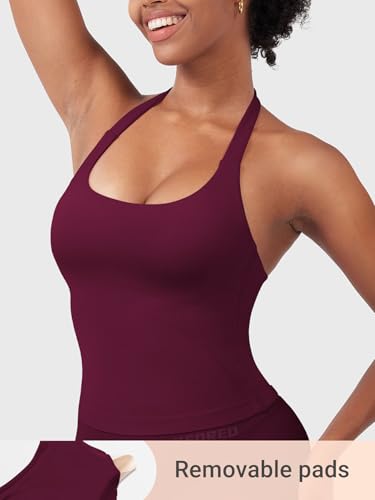 Image of YEOREO SoftHue Women's Impact Halter Tank Top Longline Backless Scoop Neck Built-in Bra Sports Workout Gym Crop Top