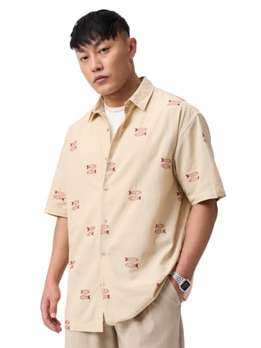 Image of The Souled Store Solid Linen: Beige Color Men and Boys Regular Outdoor Fit Full Sleeve Collared Neck Spread Collar Casual Wear Stylish Comfortable Premium Elegant Cotton Shirts
