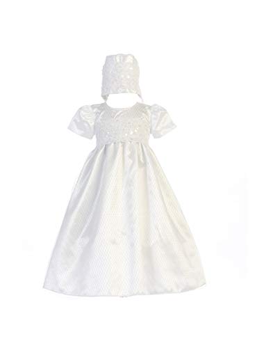 Ruby Diamond Mesh Gown w/Embroidered Lace Trim (White, 0-3 Months)