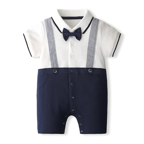 Image of psainyal Baby Boy Romper Gentleman's Collared Polo Shirt Bow Tie short Sleeve Fake Two Piece Jumpsuit One-Piece Outfit