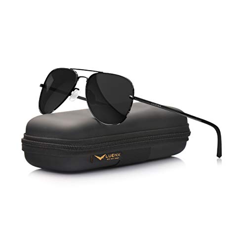 LUENX Aviator Sunglasses for Mens Womens Polarized Black Lens Black Metal Frame 60mm