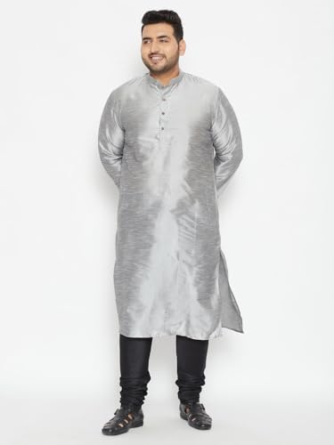Image of Vastramay Plus Men Men's Grey And Black Silk Blend Kurta Pyjama Set