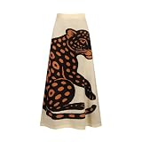 OXKnit Knittd Midi Skirts for Women, 1960s Mod Style Casual Retro Leopard Pattern High Waist A Line Cotton Beige Skirts