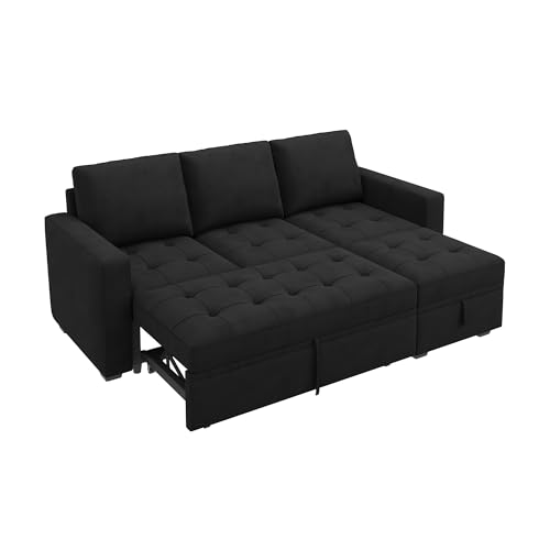Image of HONBAY Modular Sectional Sleeper Sofa with Pull Out Bed, L Shaped Couch with Storage Seat Sectional Couches for Living Room,Velvet Black