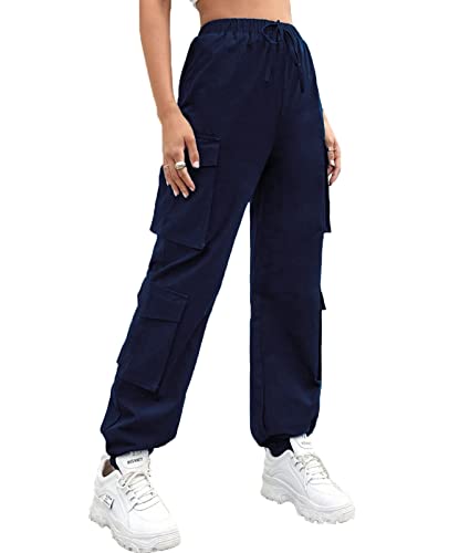 Nuofengkudu Petite Pantalon Poche Cargo Femme Ados Élastiquée Sarouel Jogging Taille Elastique Cheville Pantacourt Vintage Legers Classique Pants Fitness Detente Fashion Casual Bleu Marine XL Cover