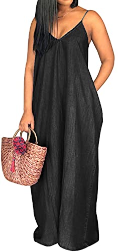 Image of SeNight Women's Sexy Maxi Denim Dresses Casual Spaghetti Strap Striped Long Sundress Wiht Pockets