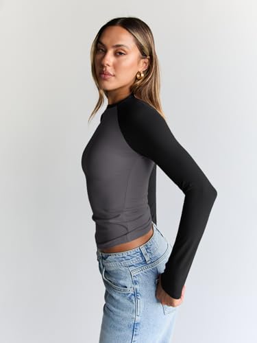 Trendy Queen Women’s Long Sleeve Shirts Slim Fit Stretchy Color Block Slightly Cropped Tops
