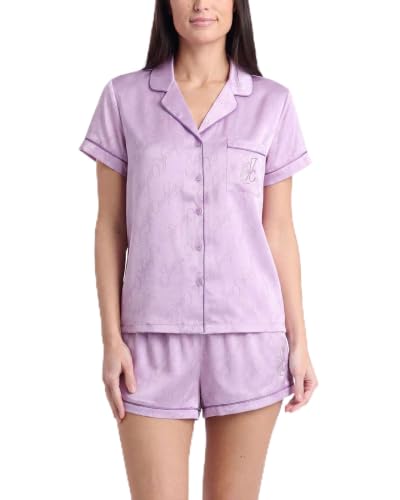Image of Juicy Couture Women's 2 Piece Satin Notch Collar Button Down Shirt and Pajama Shorts Lounge and Sleepwear Set