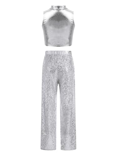 Tops métalliques en crop filles ensemble brillant de danse