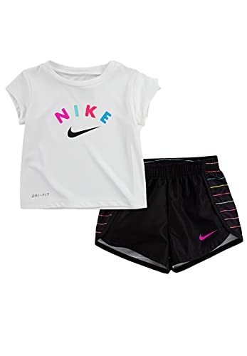 Image of Nike Girl`s Graphic Print T Shirt & Shorts 2 Piece Set (Black(26G431-023)/White, 18 Months)