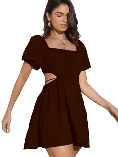 Image of Aahwan Women's & Girl's Fit and Flare Black Solid Summer Beach Square Neck Puff Sleeve Cut Out Waist Mini Dress