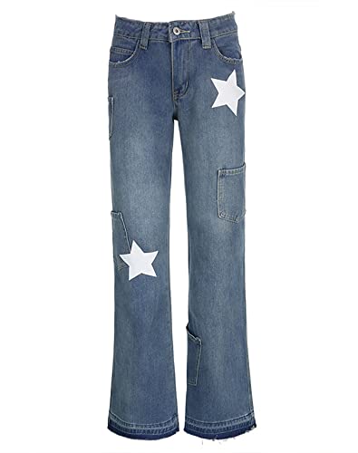 Womens Star Print Jeans Y2k Jeans Baggy Denim Pants Vintage Blue Jeans Straight Leg Pants2