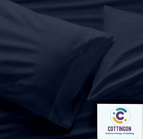 Image of Cottingon 4 PC Split /Flex Top King Sheets Sets for Adjustable Beds, Luxury Microfiber Half Split King Sheets for Sleep Number Beds fits 15 to 18 Inch Deep Mattress, Navy Blue
