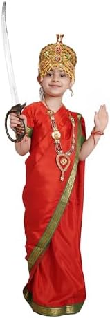Kaku Fancy Dresses Devi Durga Red Saree for Girls | Ready to Wear Saree | Mythological Godess Costume with Accessories - 3-4 Years