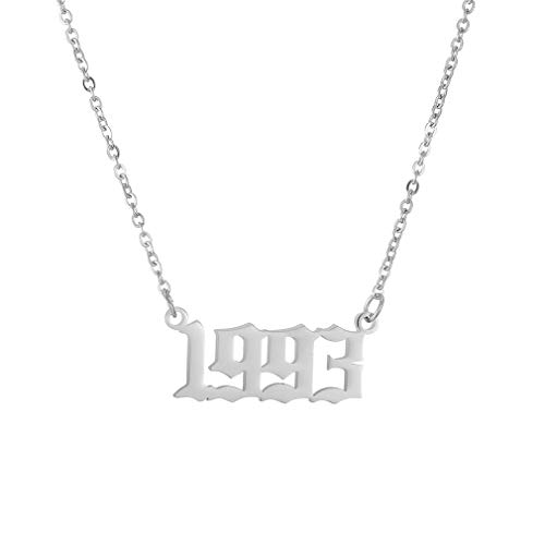 Birth Year Necklace Pendant for Women Girl Silver Plated Friendship Old English Number Birthdate Necklace 1990-2009 Trendy Jewelry Birthday Gift(Silver,1993)