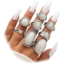 GIGB PBDK Silver Stackable Opal Knuckle Ring Set for Women Lady Boho Vintage Oval Gemstone Ring Geometric Joint Finger Stacking Nail Ring Jewelry