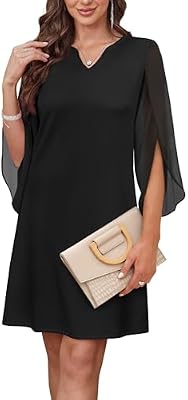 RUMIA Women's Cocktail Dresses Flutter 3/4 Chiffon Sleeve V Neck Summer Dress Semi Formal Black 2XL