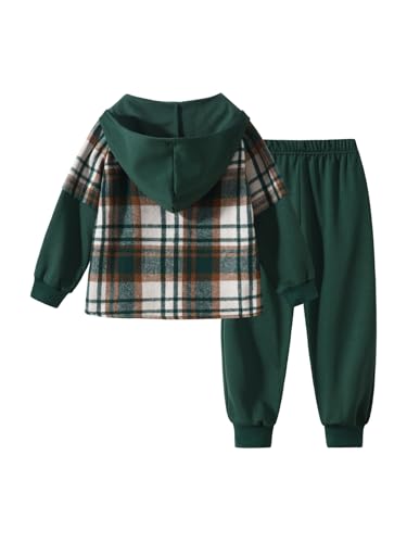 Image of 2Pcs Kids Boys Flannel Plaid Shirt Tops Pants Set Hoodie Sweatsuit for Fall Winter Spring Outfits 4-12 Years