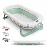 BAÑERA PLEGABLE BEBÉ Termómetro + Patas Antideslizantes + Tapón de Seguridad | Bebé Recién Nacido | Diseño Plegable | Fácil de Guardar y Transportar (Verde pastel)